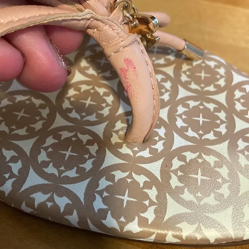 Kate Spade Taupe & Blush Pretty Bow Leather Slide On Flip Flop Sandals Size 9.5